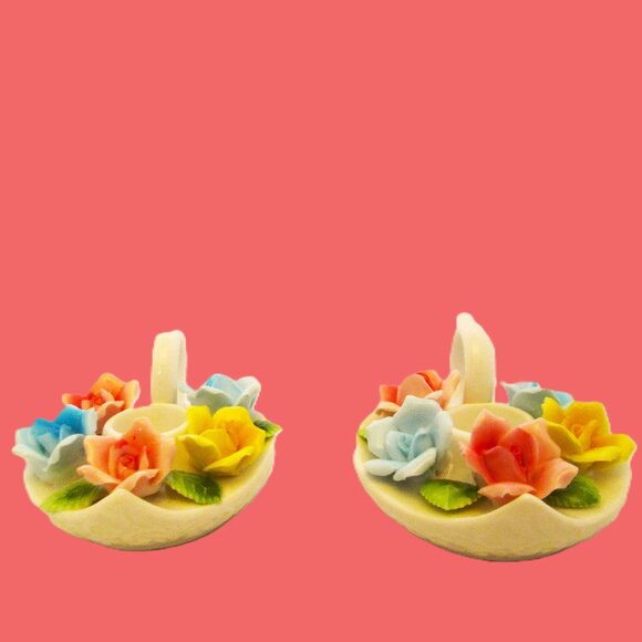 Pair of porcelain Floral yellow, rose & pink rose candlestick holders with finge - Picture 4 of 6